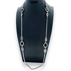 Vintage Sarah Coventry Silver Tone / Black Long Necklace Signed Sarah Cov